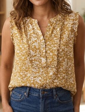 Chelsea & Theodore Mustard Floral Ruffle-Trim 100% Cotton Blouse